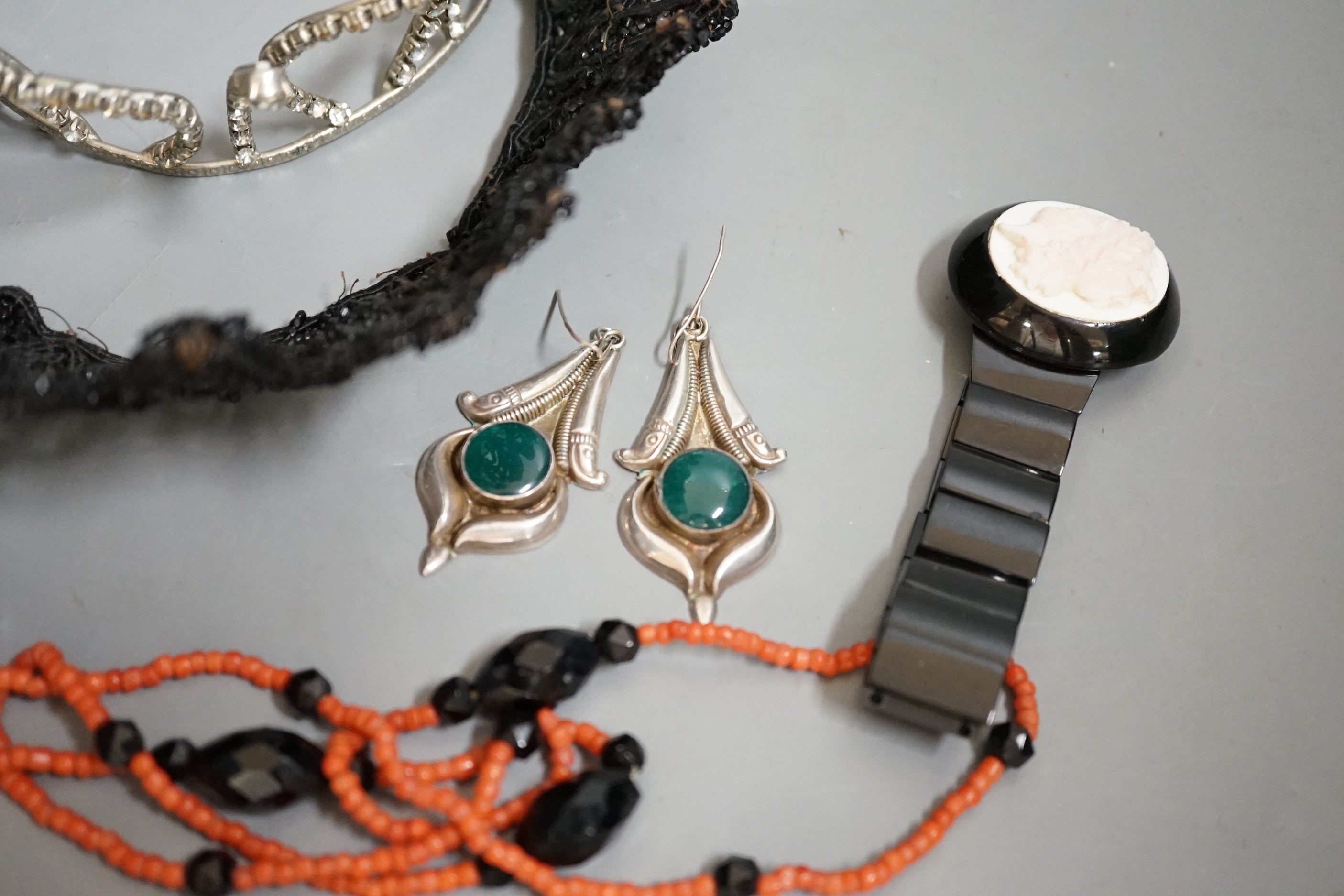 Costume jewellery including, two head ornaments, a white metal and two stone agate dress ring, pair of 925 drop earrings etc.